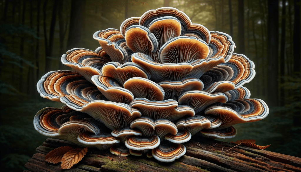 DALL·E 2023 12 28 14.14.26 A highly detailed and super realistic image of Turkey Tail mushrooms. These mushrooms are known for their striking colors and patterns that resemble a