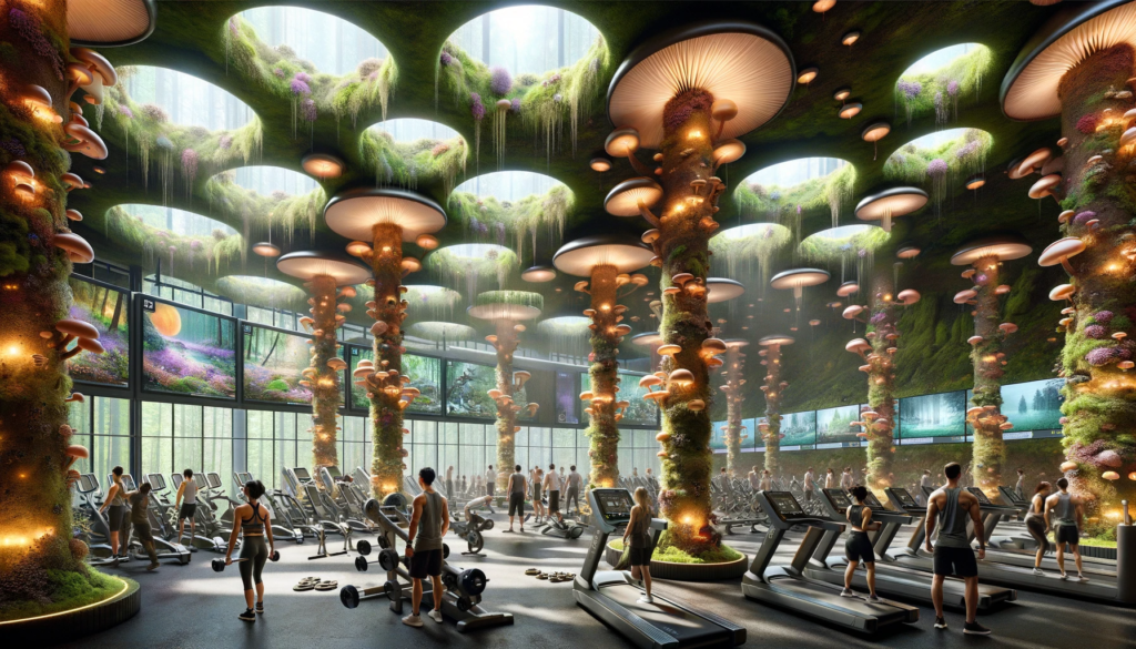 DALL·E 2024 01 21 13.07.15 Visualize a bustling hyper detailed gym named Fungi Fitness Fusion with an inventive biophilic design. The interior is a fusion of technology and