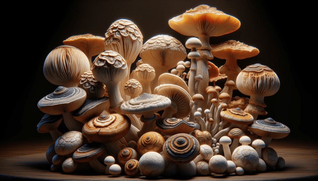 DALL·E 2024 01 21 13.09.08 This is a highly detailed and super realistic image showcasing a variety of mushrooms known for their ergogenic properties. These mushrooms are arrang