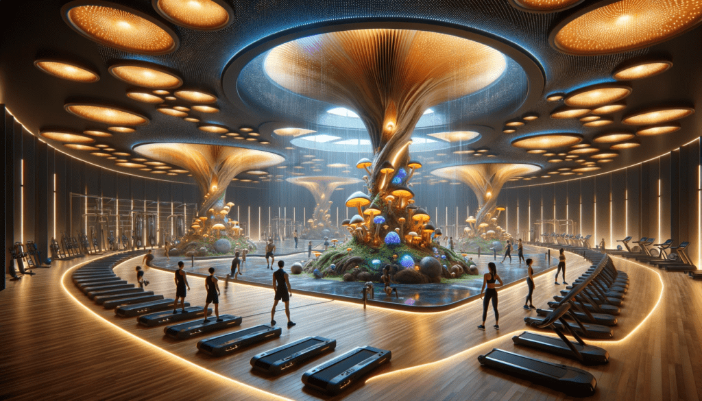 DALL·E 2024 01 21 13.10.42 Create a highly detailed and realistic image of a futuristic fitness center called Unleash Elite Fitness with Fungi. The center integrates advanced