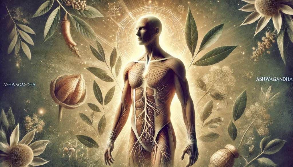 Visualization of Ashwagandha’s effects on the human body, with roots and leaves symbolizing natural impact.