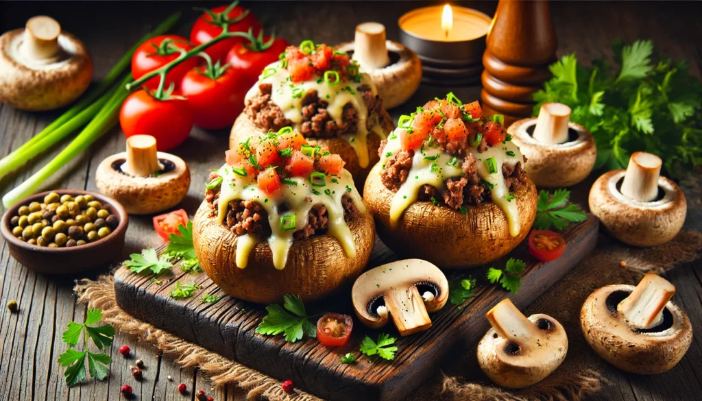 A delicious variety of beef-stuffed mushrooms with melted cheese and assorted garnishes on a rustic wooden board