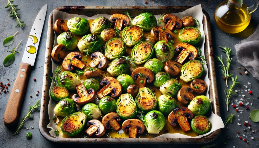 A beautifully roasted dish of Brussels sprouts and mushrooms with crispy edges and tender mushrooms, garnished with herbs.