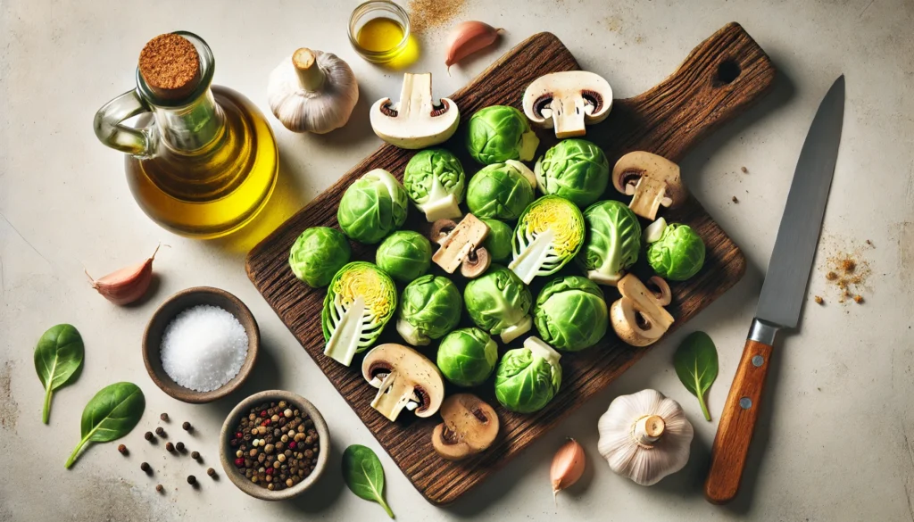 Fresh ingredients for roasted Brussels sprouts with mushrooms, including Brussels sprouts, sliced mushrooms, garlic, and seasonings.