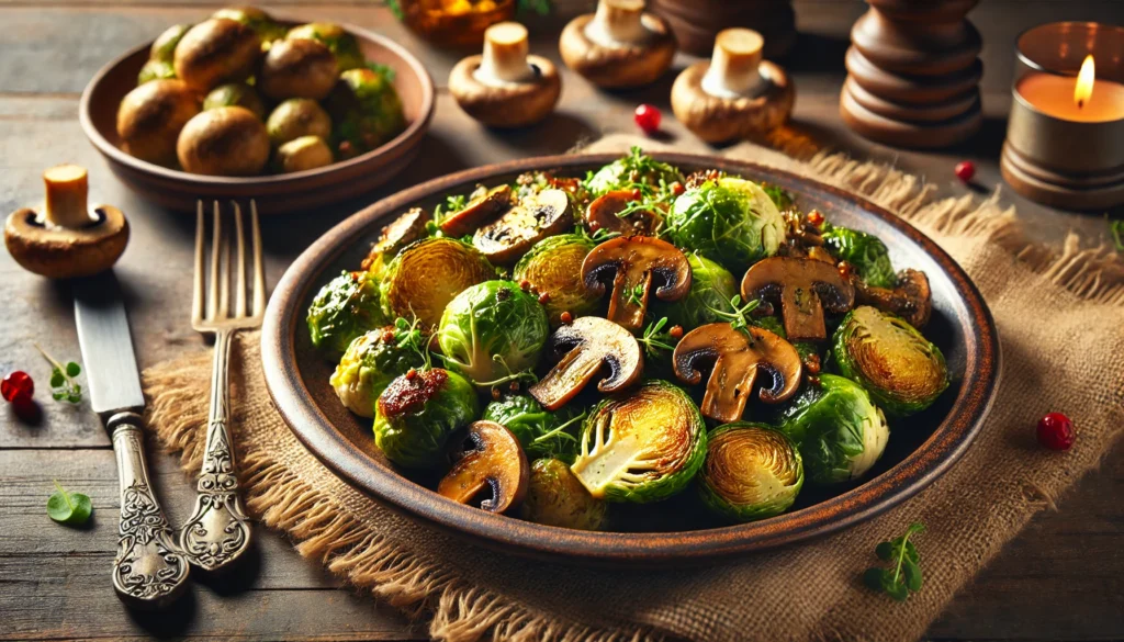 A beautifully presented dish of roasted Brussels sprouts with mushrooms, garnished with fresh herbs.