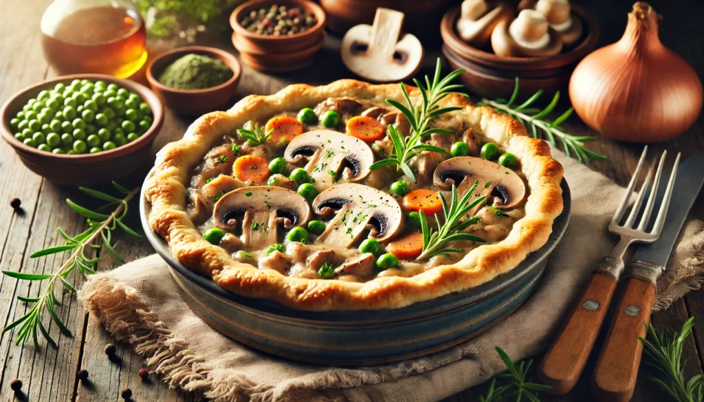 A golden-brown mushroom pot pie with a creamy filling of mushrooms, carrots, peas, and onions, surrounded by fresh herbs in a cozy kitchen setting.