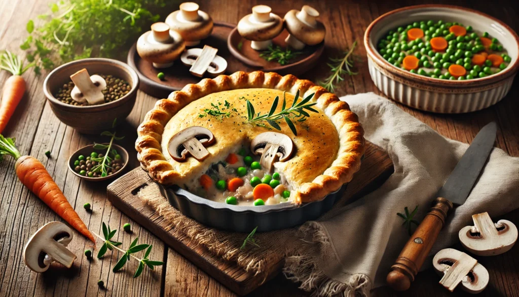 A golden-brown mushroom pot pie with a cut slice revealing a creamy filling of mushrooms and vegetables, set on a wooden table with fresh herbs.