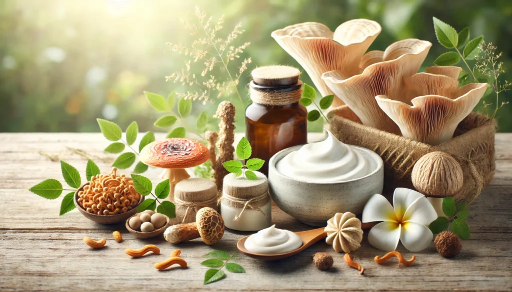 A serene image featuring medicinal mushrooms like Reishi and Lion's Mane alongside natural skincare elements, symbolizing relief for skin eczema.