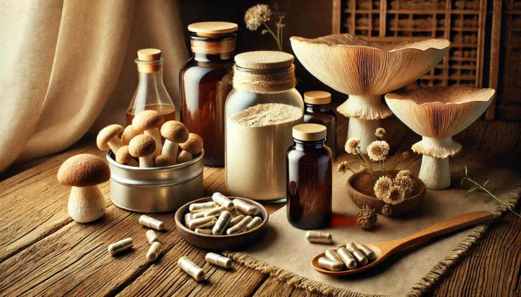 A rustic arrangement of mushroom powder and supplements, featuring jars, capsules, and fresh mushrooms on a wooden table under soft, warm lighting.