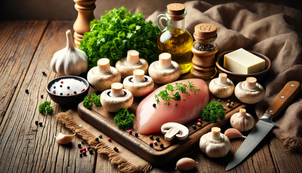 A rustic kitchen setting with neatly arranged ingredients for Chicken with Mushrooms, including raw chicken breast, mushrooms, garlic, parsley, butter, cream, salt, pepper, and olive oil on a wooden cutting board.