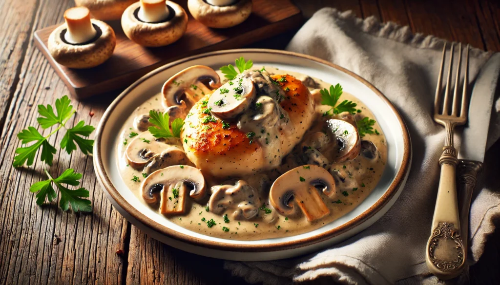 A serving of Chicken with Mushrooms, featuring golden-brown chicken breast topped with creamy mushroom sauce and garnished with parsley on a white plate.