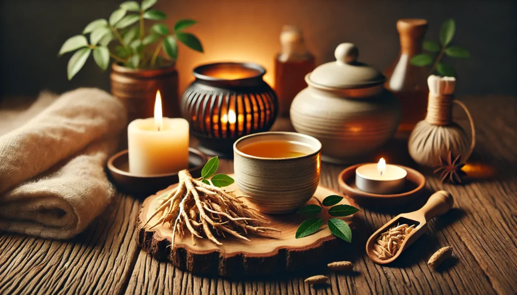 A serene and peaceful scene featuring Ashwagandha roots, a cup of herbal tea, and a softly glowing candle on a wooden surface, symbolizing relaxation and natural sleep improvement.