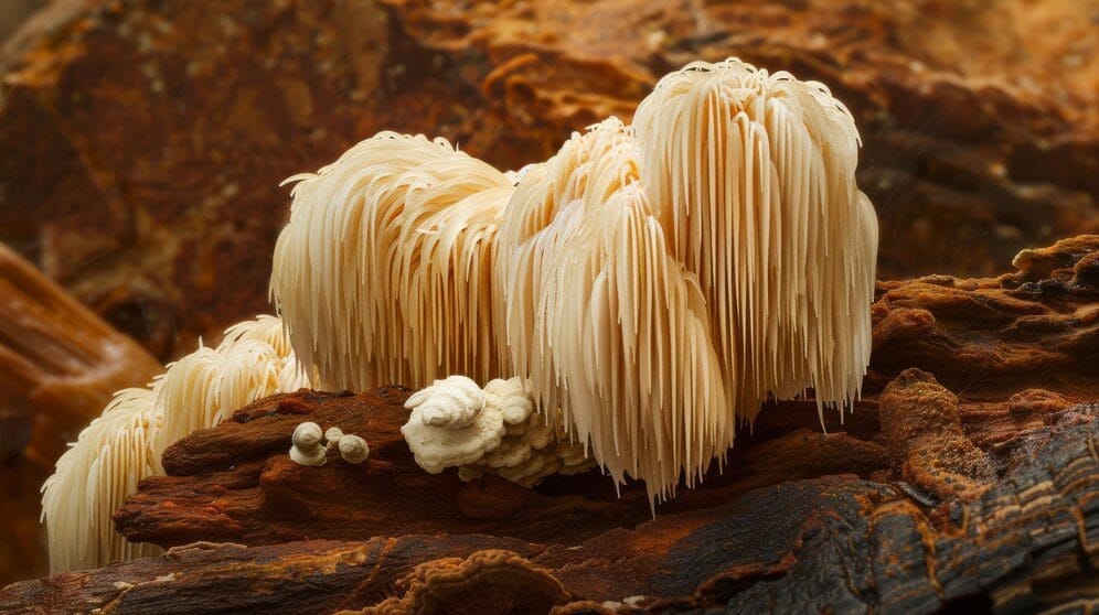 detailed image featuring both Cordyceps and Lion’s Mane mushrooms