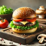 A savory grilled Portobello mushroom burger served with fresh toppings on a sesame bun.