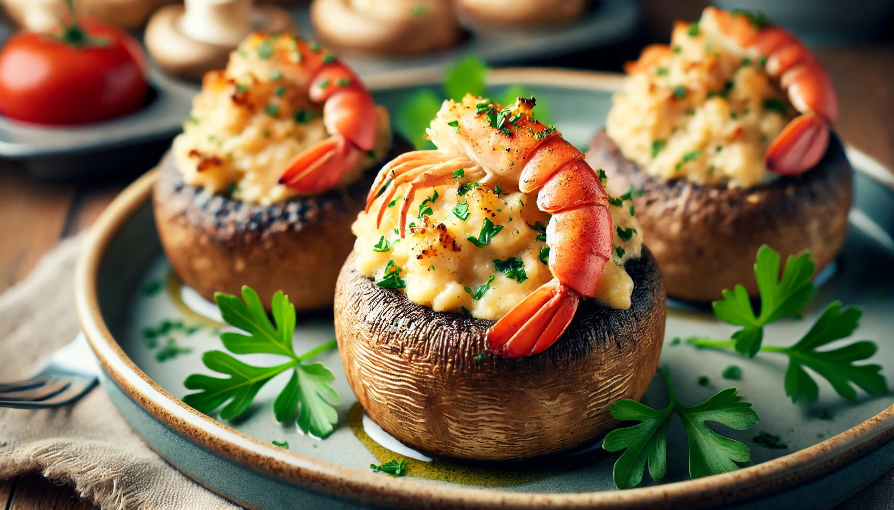 Lobster and crab stuffed mushrooms, freshly baked and garnished with herbs